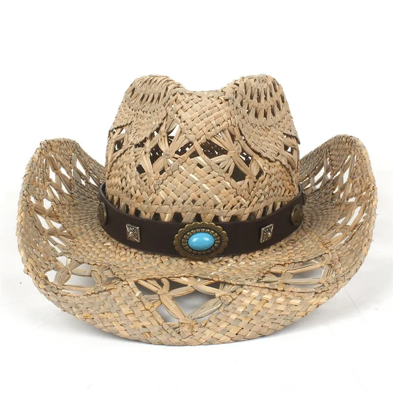 100% Natural Straw Cowboy Hat Women Men Handmade Weave Cowboy Hats