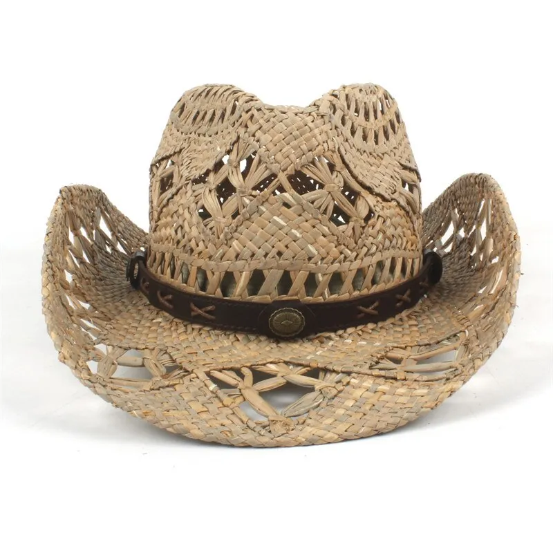 100% Natural Straw Cowboy Hat Women Men Handmade Weave Cowboy Hats