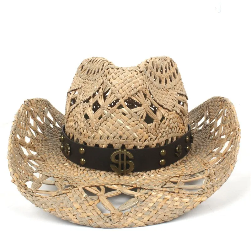 100% Natural Straw Cowboy Hat Women Men Handmade Weave Cowboy Hats