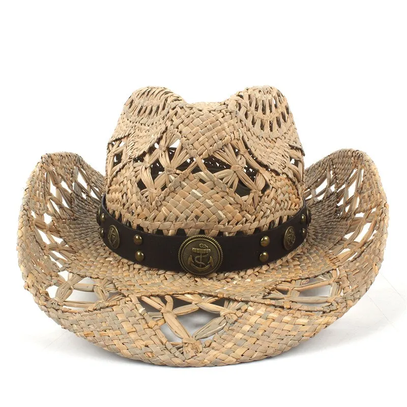 100% Natural Straw Cowboy Hat Women Men Handmade Weave Cowboy Hats