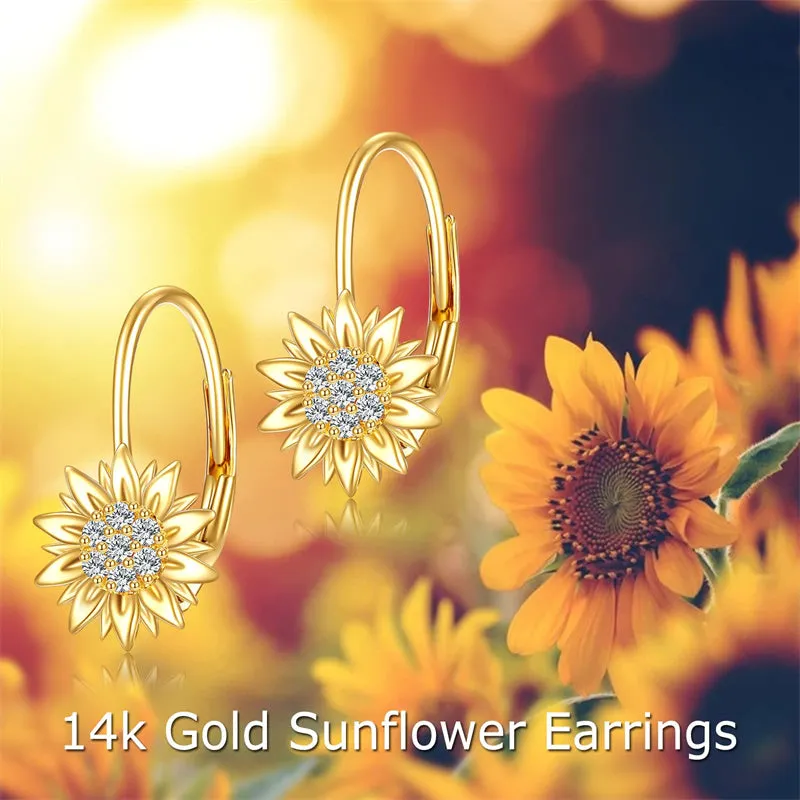 14K Yellow Gold Sunflower Earrings for Women Solid Gold Earrings Jewelry Gifts for Her