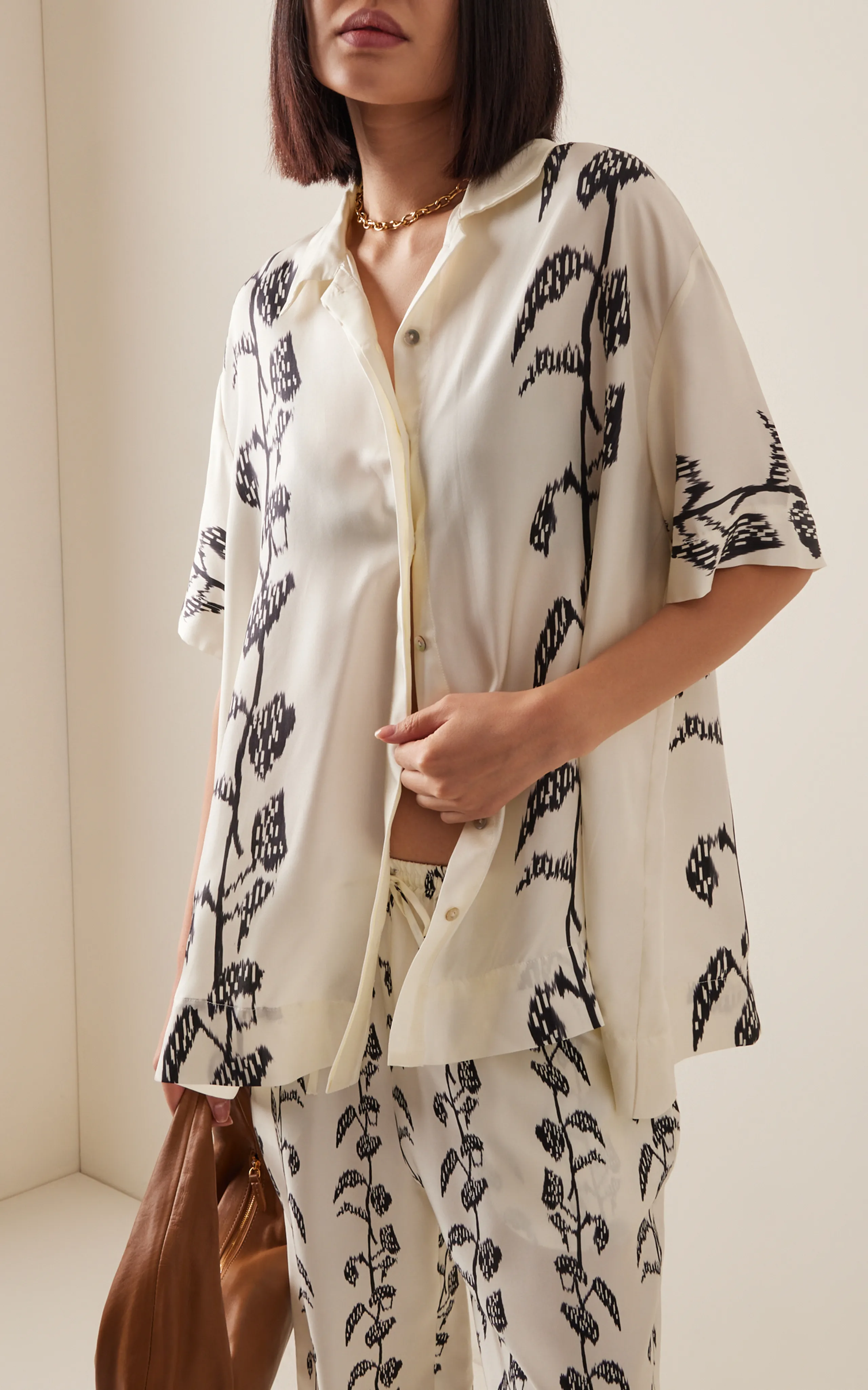 Asceno Montauk Oversized Vine-Printed Silk Shirt