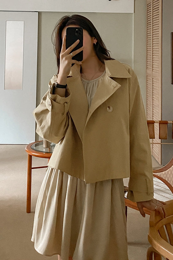 Beige Short Cropped Classic Double Breasted Trench Coats For Womens 100% Cotton Korean Clothing Clothes Outerwear Loose Fitted S