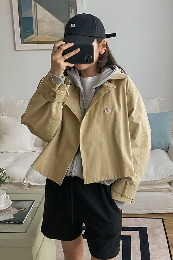 Beige Short Cropped Classic Double Breasted Trench Coats For Womens 100% Cotton Korean Clothing Clothes Outerwear Loose Fitted S