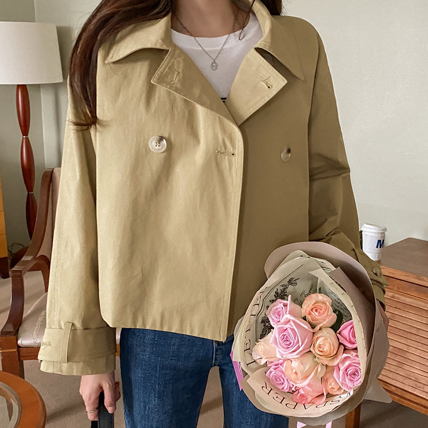 Beige Short Cropped Classic Double Breasted Trench Coats For Womens 100% Cotton Korean Clothing Clothes Outerwear Loose Fitted S