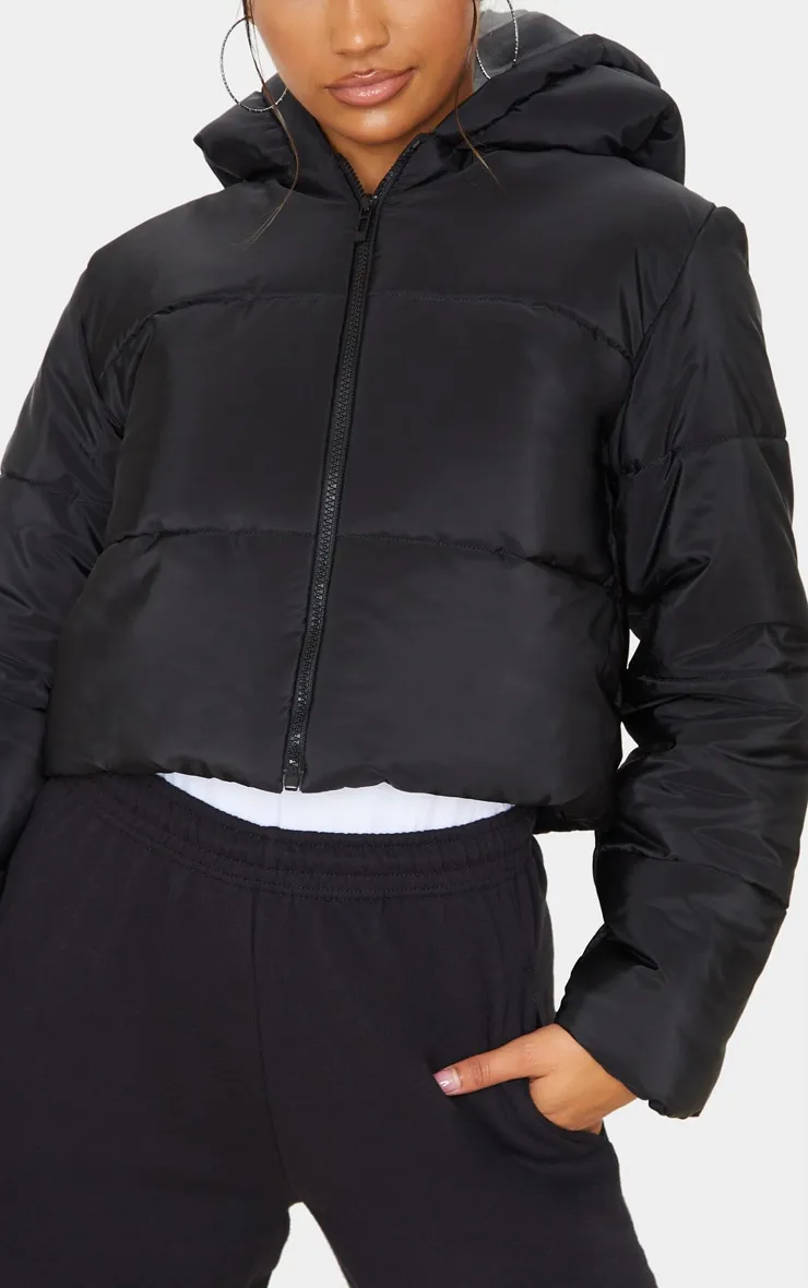 Black Hooded Cropped Puffer | Coats & Jackets