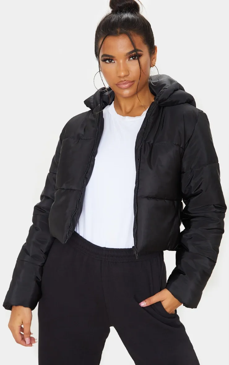 Black Hooded Cropped Puffer | Coats & Jackets