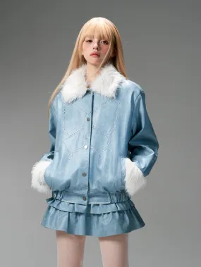 Butterfly Permed Fur Brushed PU Leather Jacket & Cake Mini Skirt