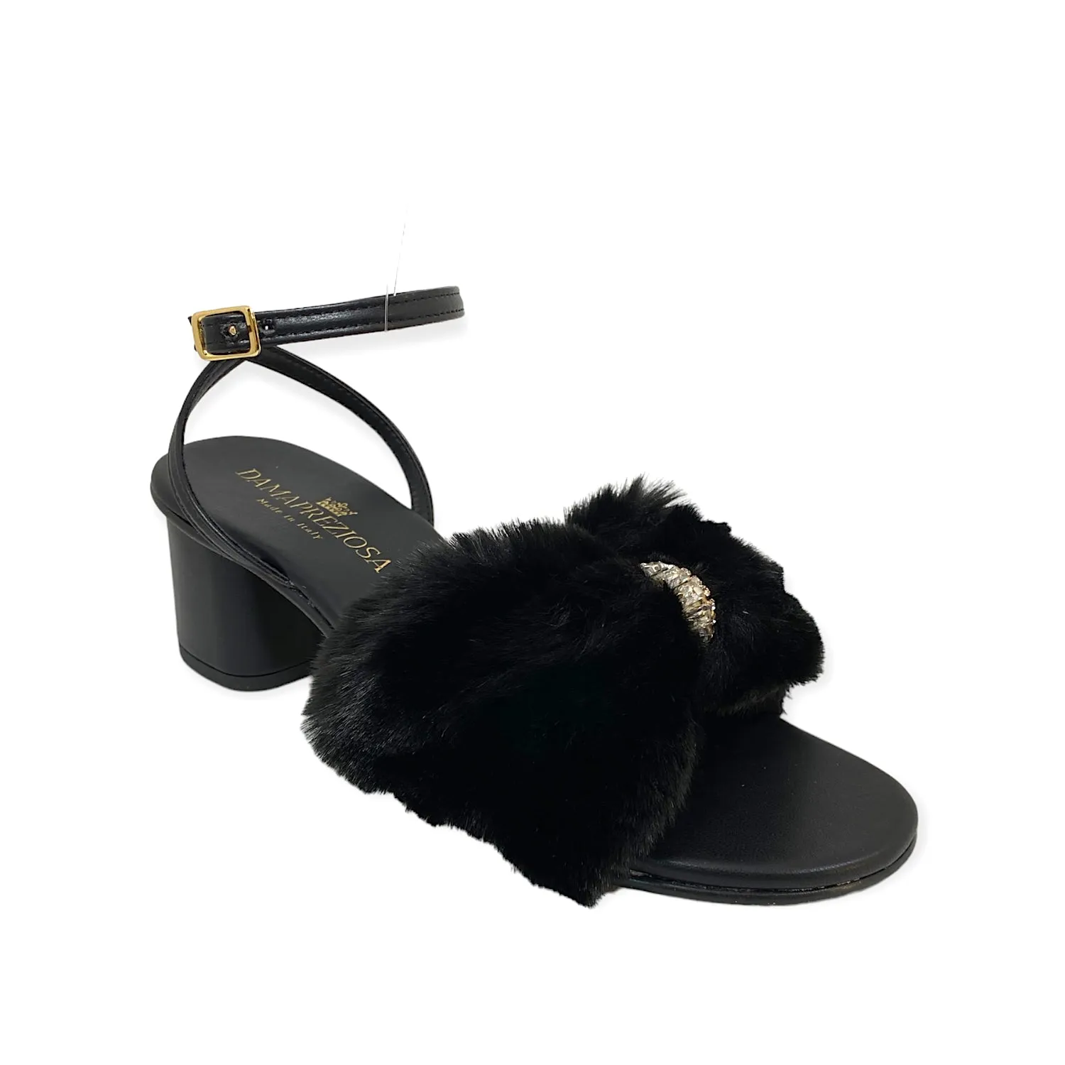 Camilla sandal in black faux fur with crystals