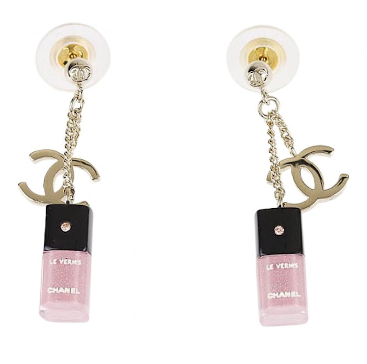 Chanel 08A 2008 Fall Pink Gold Miniature Nail Polish Dangle Pierced Earrings