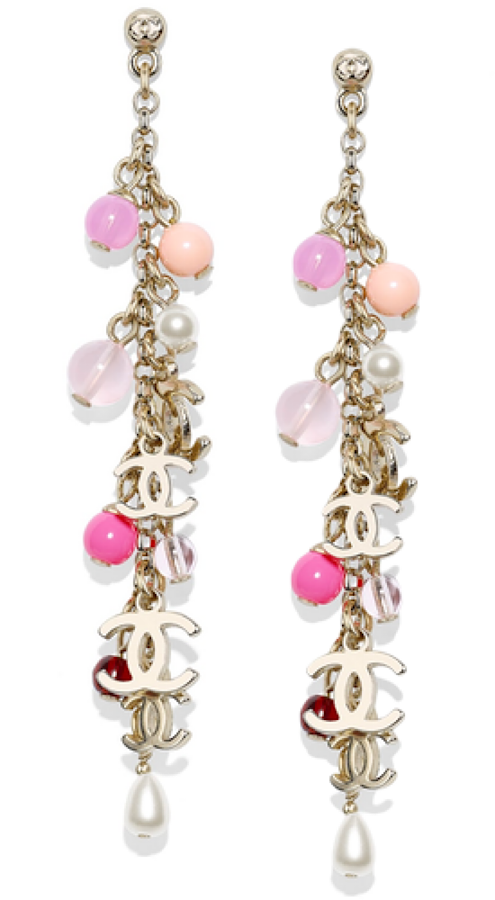 Chanel 19S 2019 long pierced CC pink bead Pearl dangle earrings