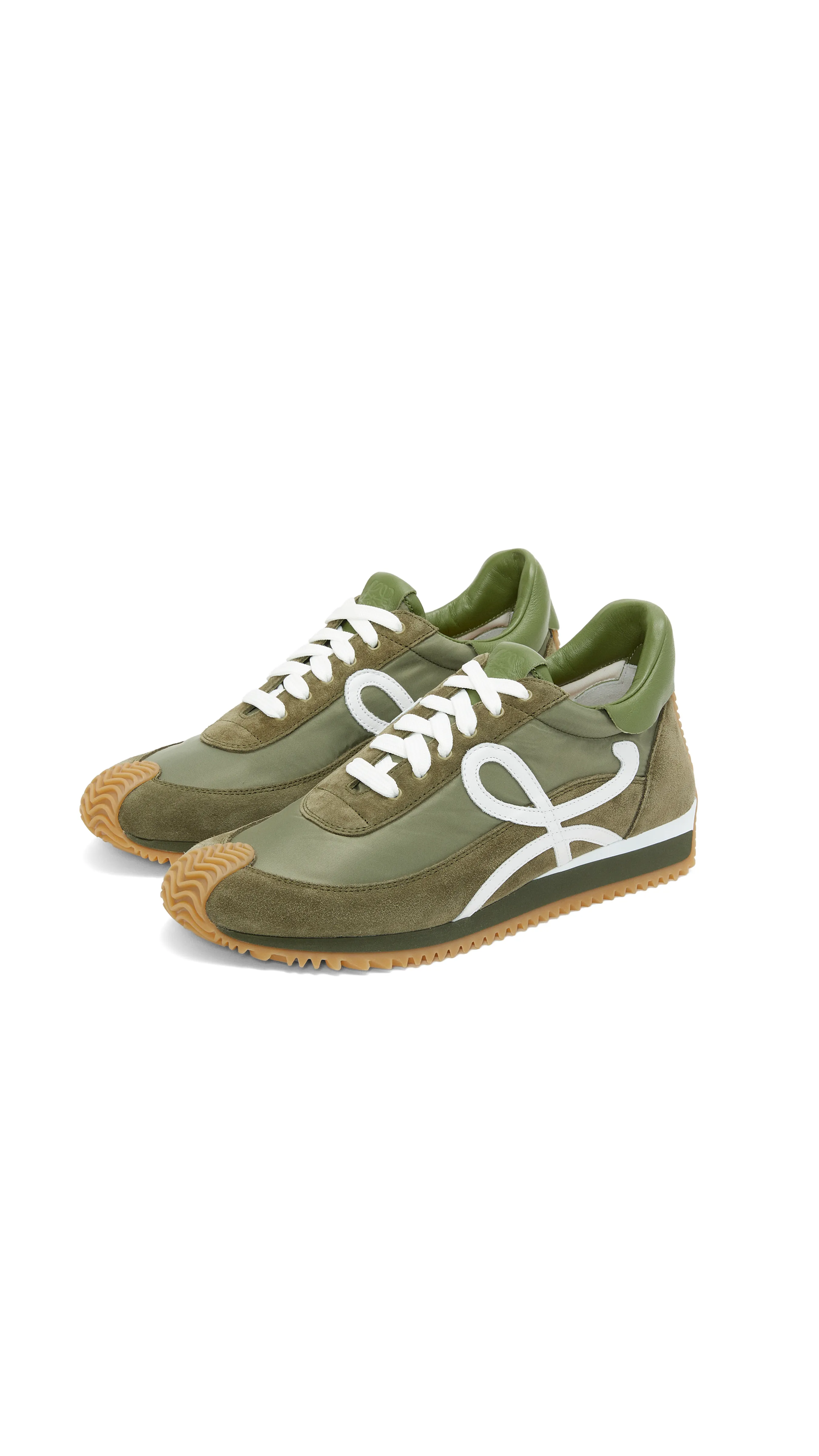 Flow Runner In Nylon And Suede - Olive/White