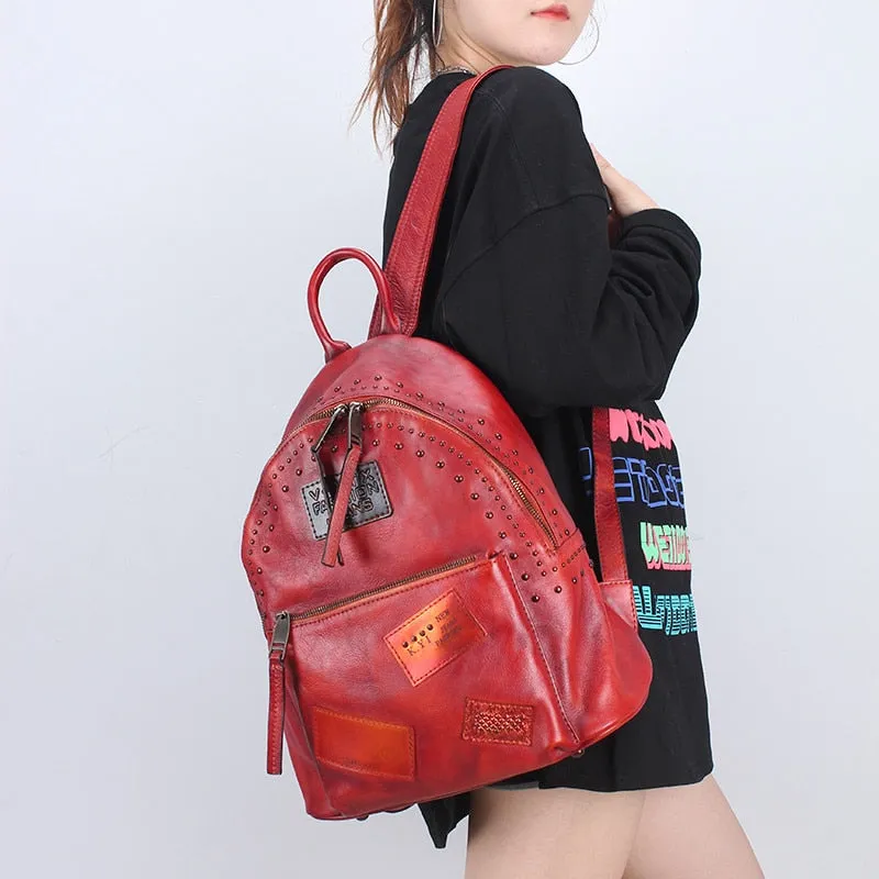 Genuine Leather Solid Pattern Large Capacity Backpack for Women