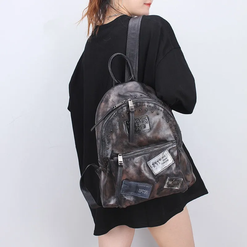 Genuine Leather Solid Pattern Large Capacity Backpack for Women