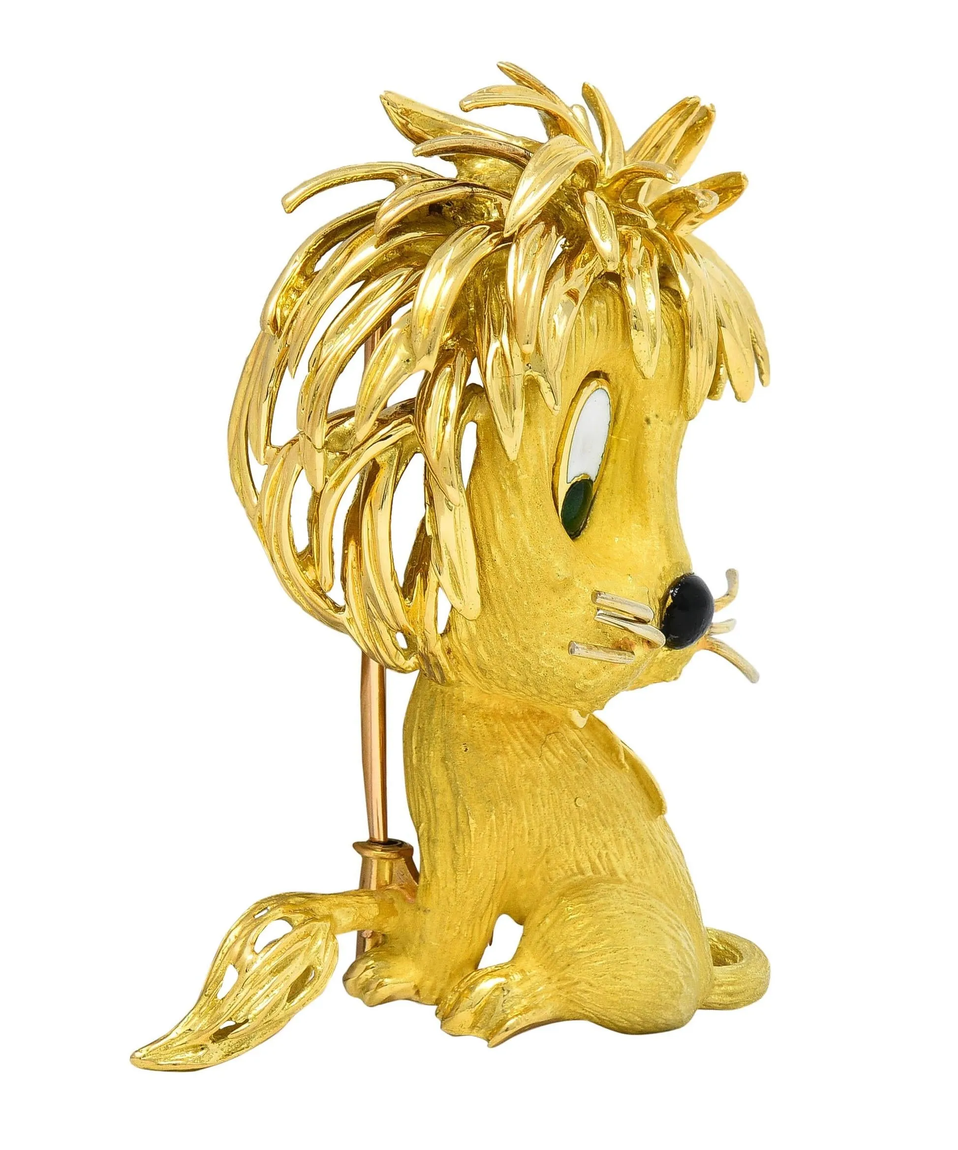 Jean & Pierre Bellin French 1960's Enamel 18 Karat Yellow Gold Vintage Disheveled Lion Brooch