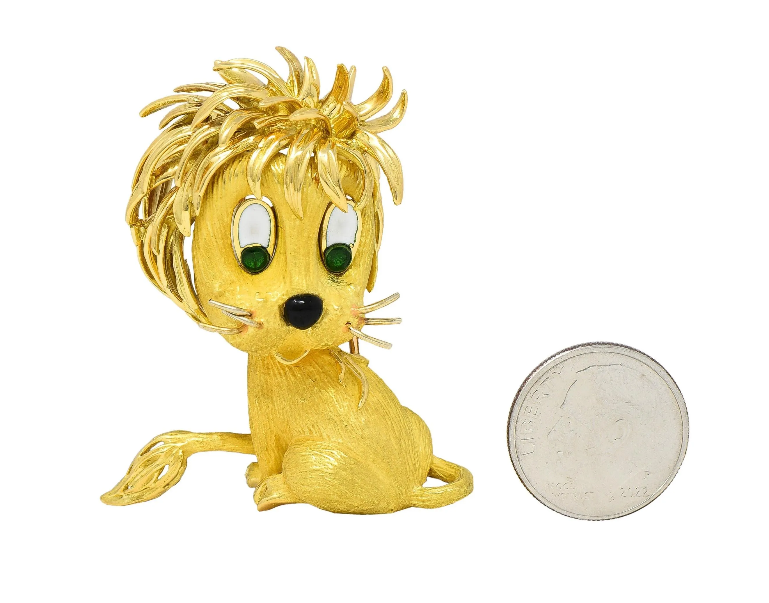 Jean & Pierre Bellin French 1960's Enamel 18 Karat Yellow Gold Vintage Disheveled Lion Brooch