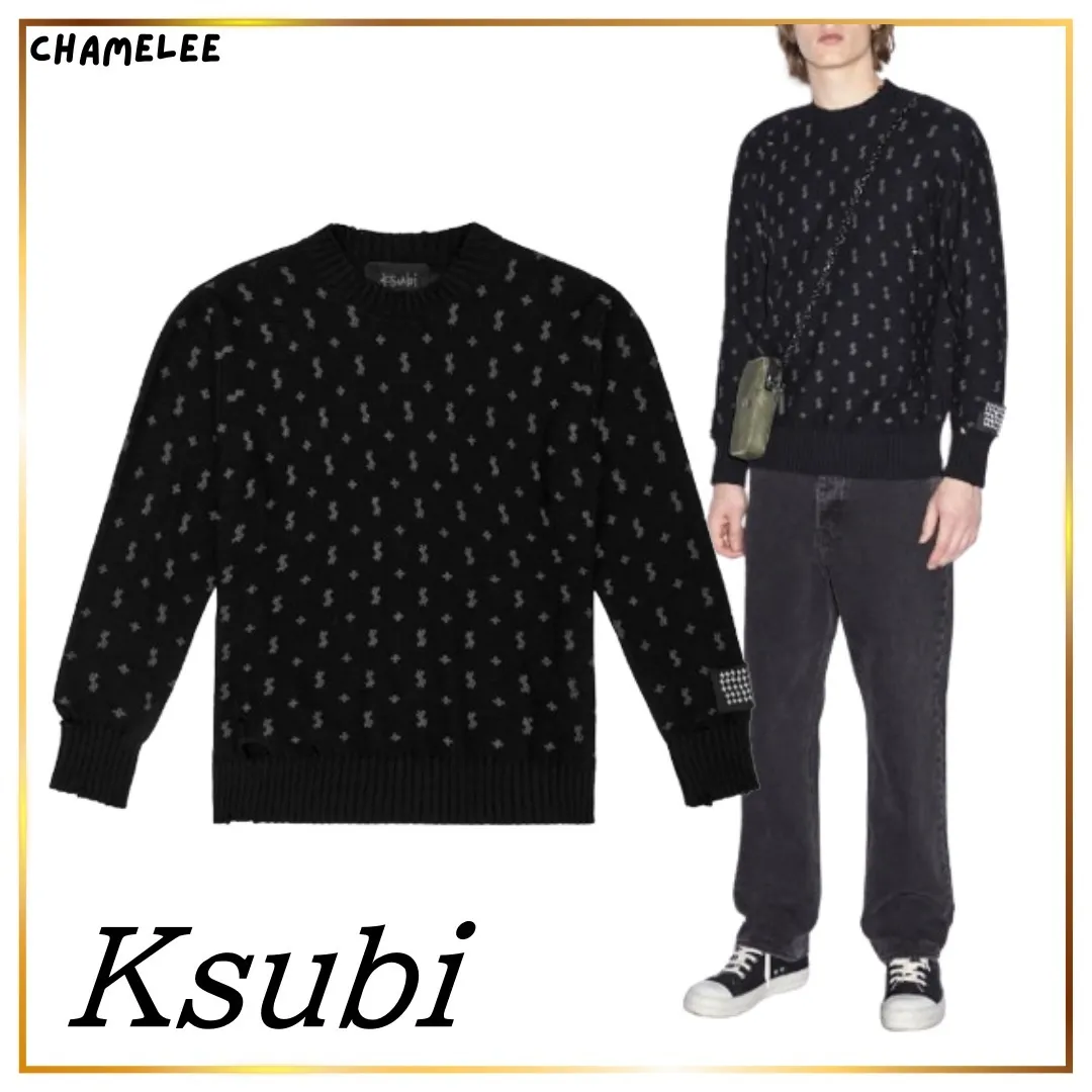 KSUBI  |Crew Neck Street Style Bi-color Long Sleeves Cotton Logo