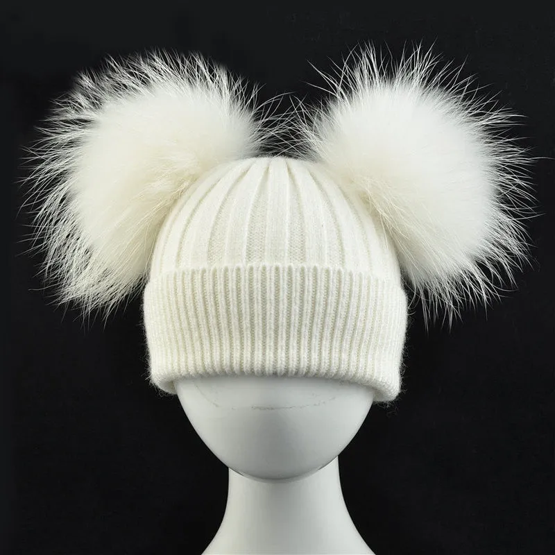 Lovely Winter Warm Wool Real Raccoon Fur Crochet Two Pom Beanie Cap