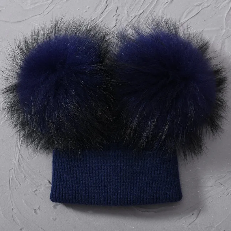 Lovely Winter Warm Wool Real Raccoon Fur Crochet Two Pom Beanie Cap