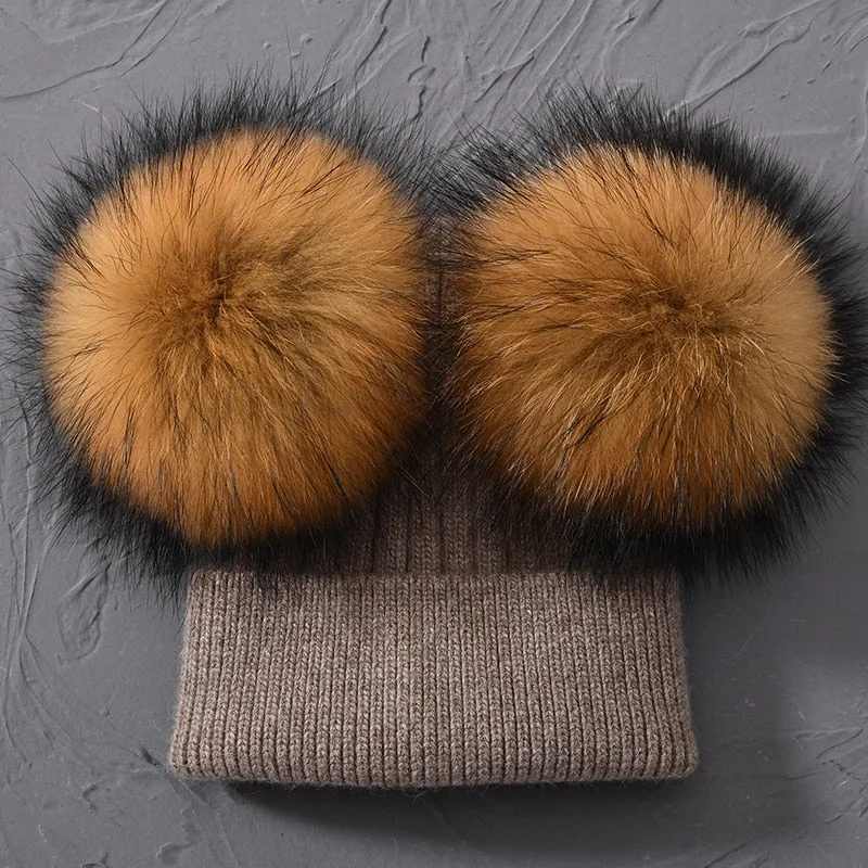 Lovely Winter Warm Wool Real Raccoon Fur Crochet Two Pom Beanie Cap