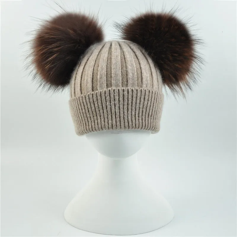 Lovely Winter Warm Wool Real Raccoon Fur Crochet Two Pom Beanie Cap