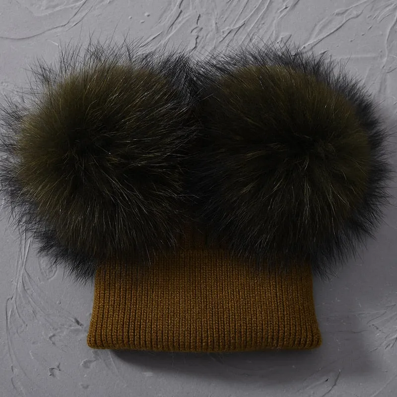 Lovely Winter Warm Wool Real Raccoon Fur Crochet Two Pom Beanie Cap