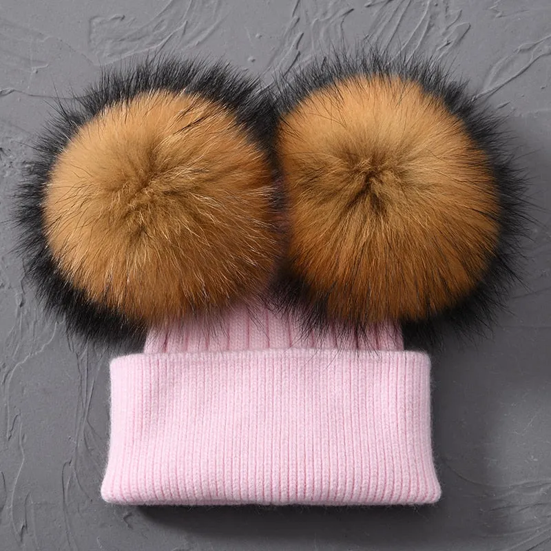 Lovely Winter Warm Wool Real Raccoon Fur Crochet Two Pom Beanie Cap