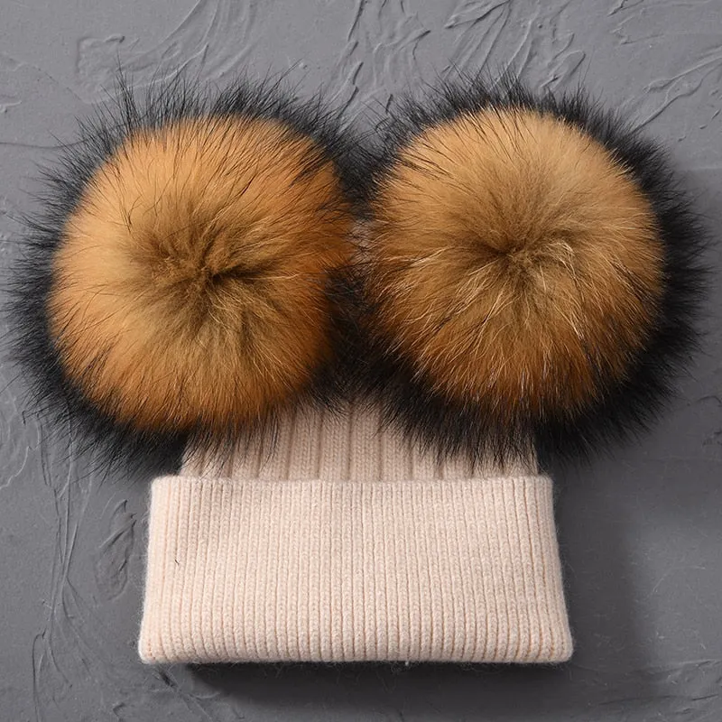 Lovely Winter Warm Wool Real Raccoon Fur Crochet Two Pom Beanie Cap