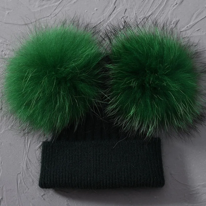 Lovely Winter Warm Wool Real Raccoon Fur Crochet Two Pom Beanie Cap