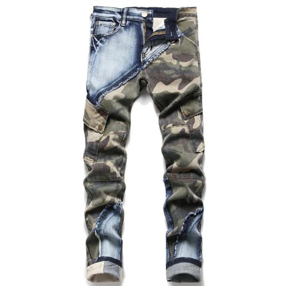 Men's Winter Camouflage Patchwork Slim Fit Fur-edge Pocket Jeans