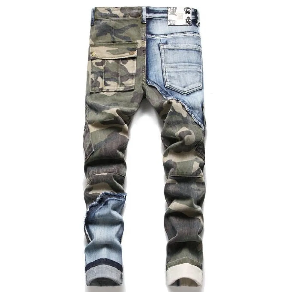 Men's Winter Camouflage Patchwork Slim Fit Fur-edge Pocket Jeans