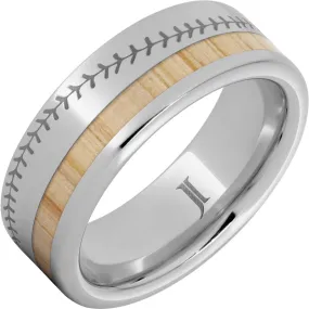 National Pastime Collection Serinium Ring with White Ash Vintage Baseball Bat Wood Inlay and Baseball Stitch Engraving