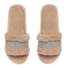 Nude Faux Fur Sydney Glampers with Crystal Strip