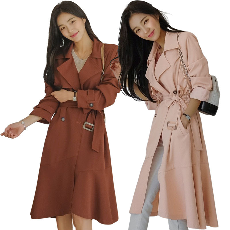 Pink Brown Sheer Flared Classic Double Breasted Trench Coats Belted For Womens Long Outerwear Spring Autumn Korean Drama Fashion