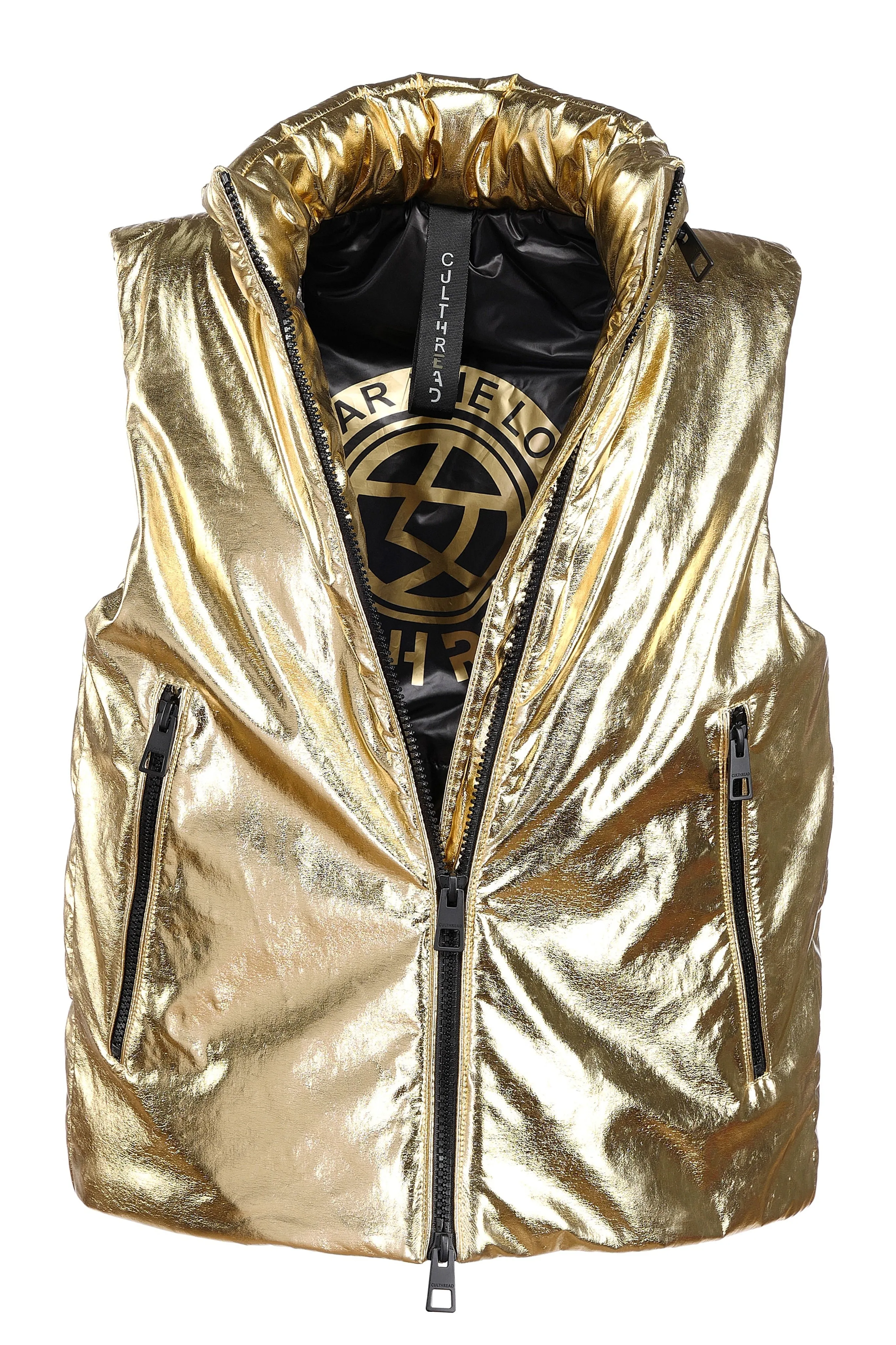 POWIS vegan leather gold sleeveless puffer jacket