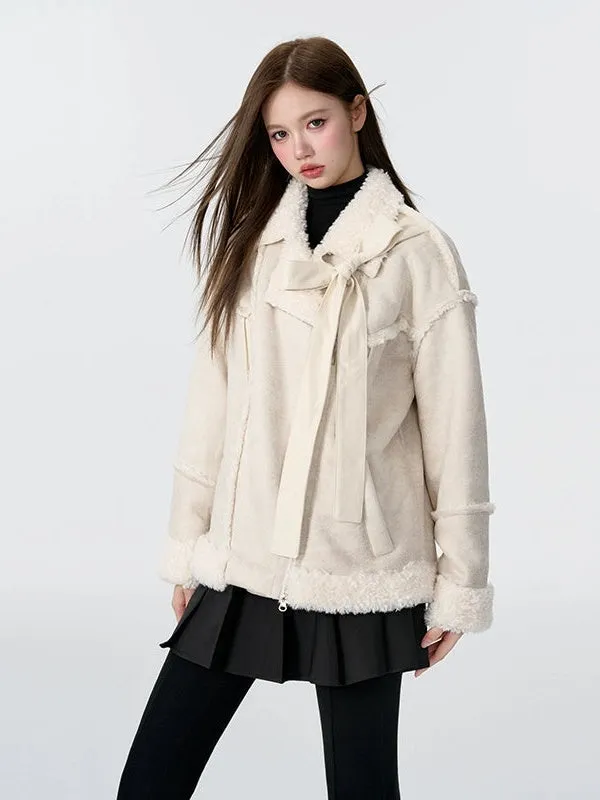 Ribbon Accent Fur Motorcycle Jacket