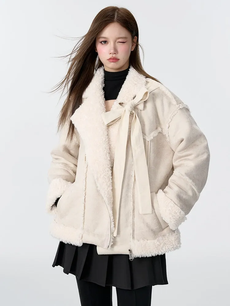 Ribbon Accent Fur Motorcycle Jacket