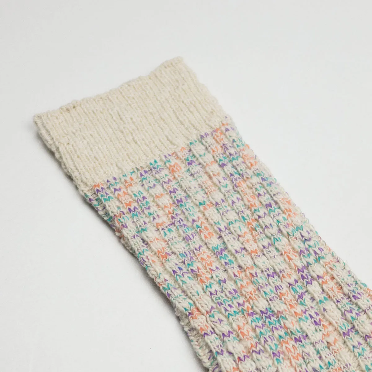 RoToTo - Kasuri Ribbed Crew Socks - Coral / Blue