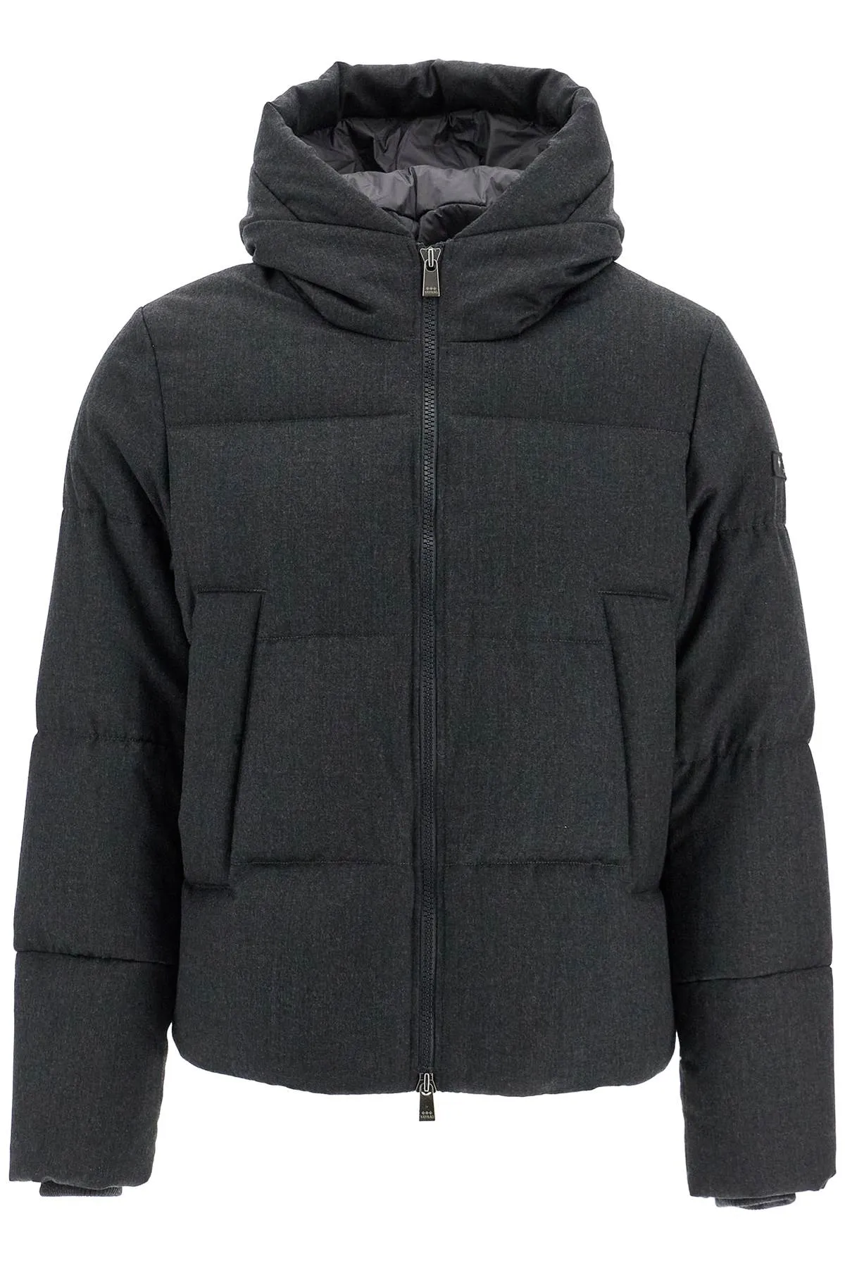 short woolen jacket with hood and down