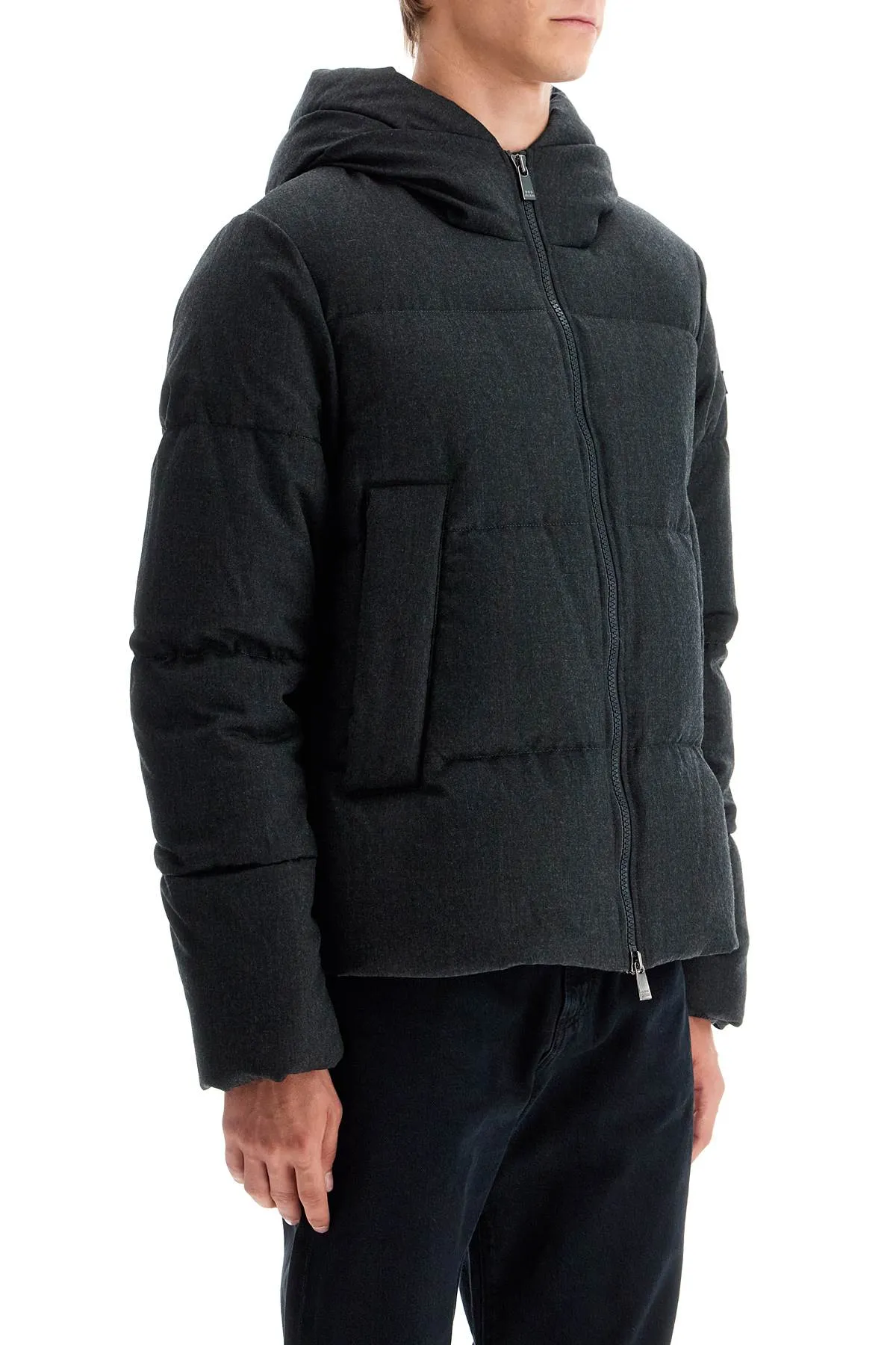 short woolen jacket with hood and down