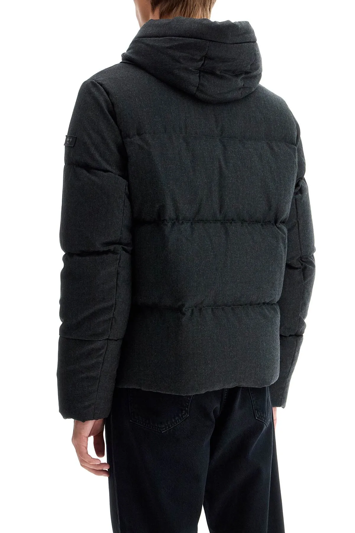 short woolen jacket with hood and down