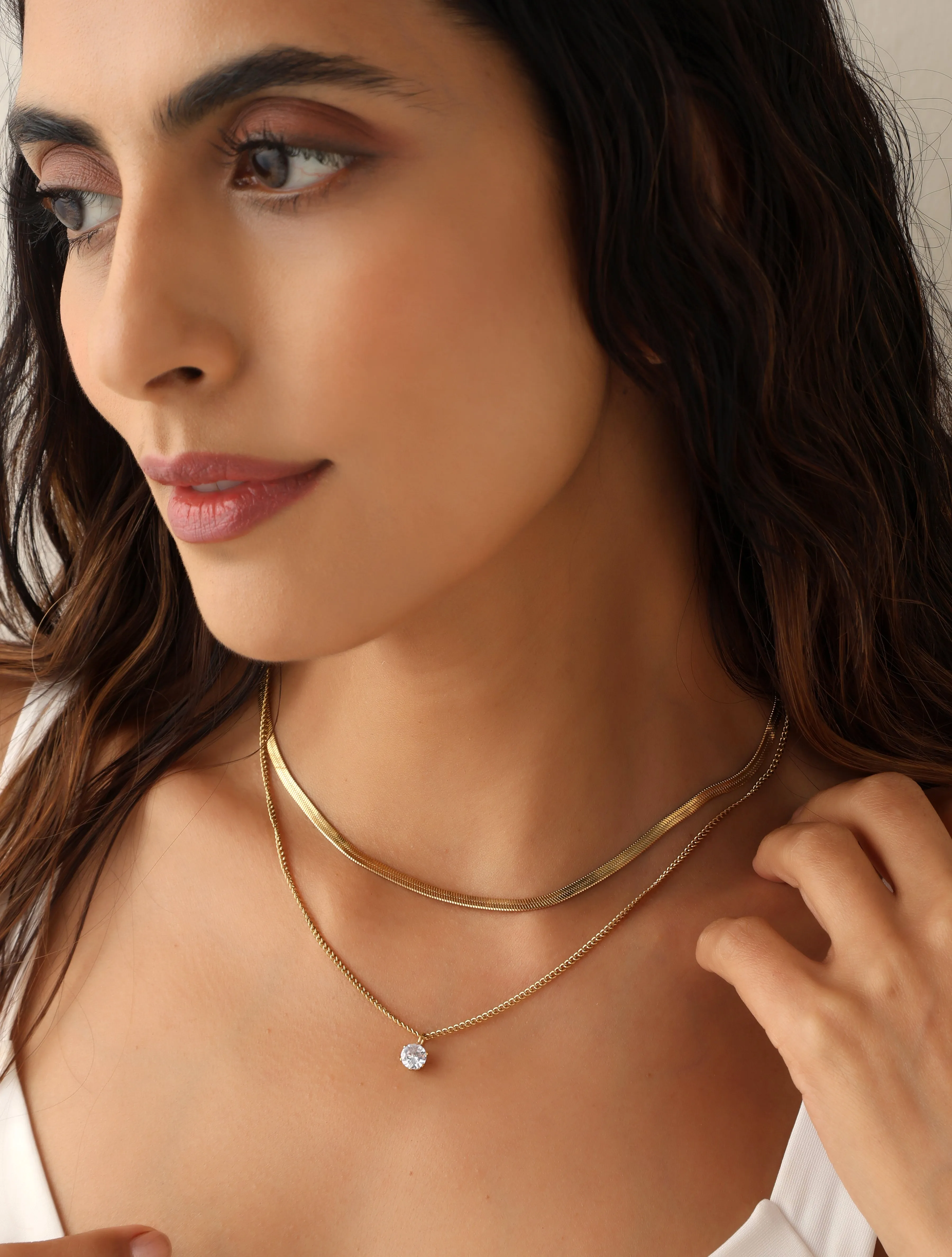 Snake Chain With Solitaire Layered Necklace