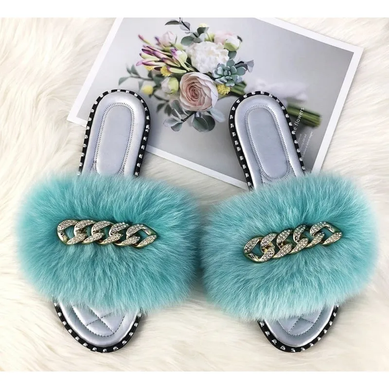 Summer Fluffy Fur Soft Slides Flip Flop Flat Slippers for Women