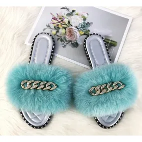 Summer Fluffy Fur Soft Slides Flip Flop Flat Slippers for Women