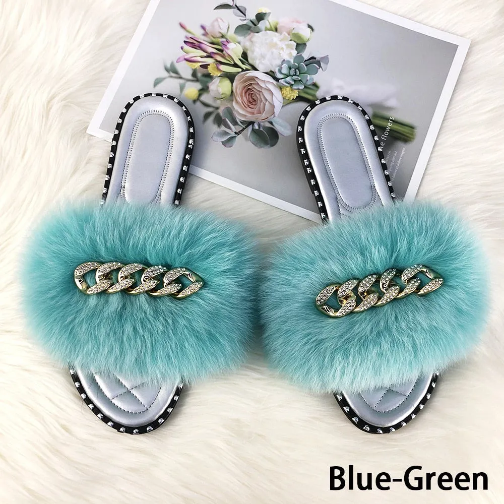 Summer Fluffy Fur Soft Slides Flip Flop Flat Slippers for Women