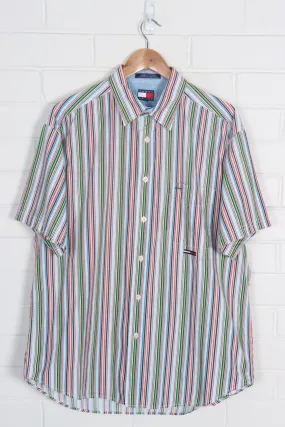 TOMMY HILFIGER Box Logo Rainbow Stripe Short Sleeve Shirt (XL-XXL)