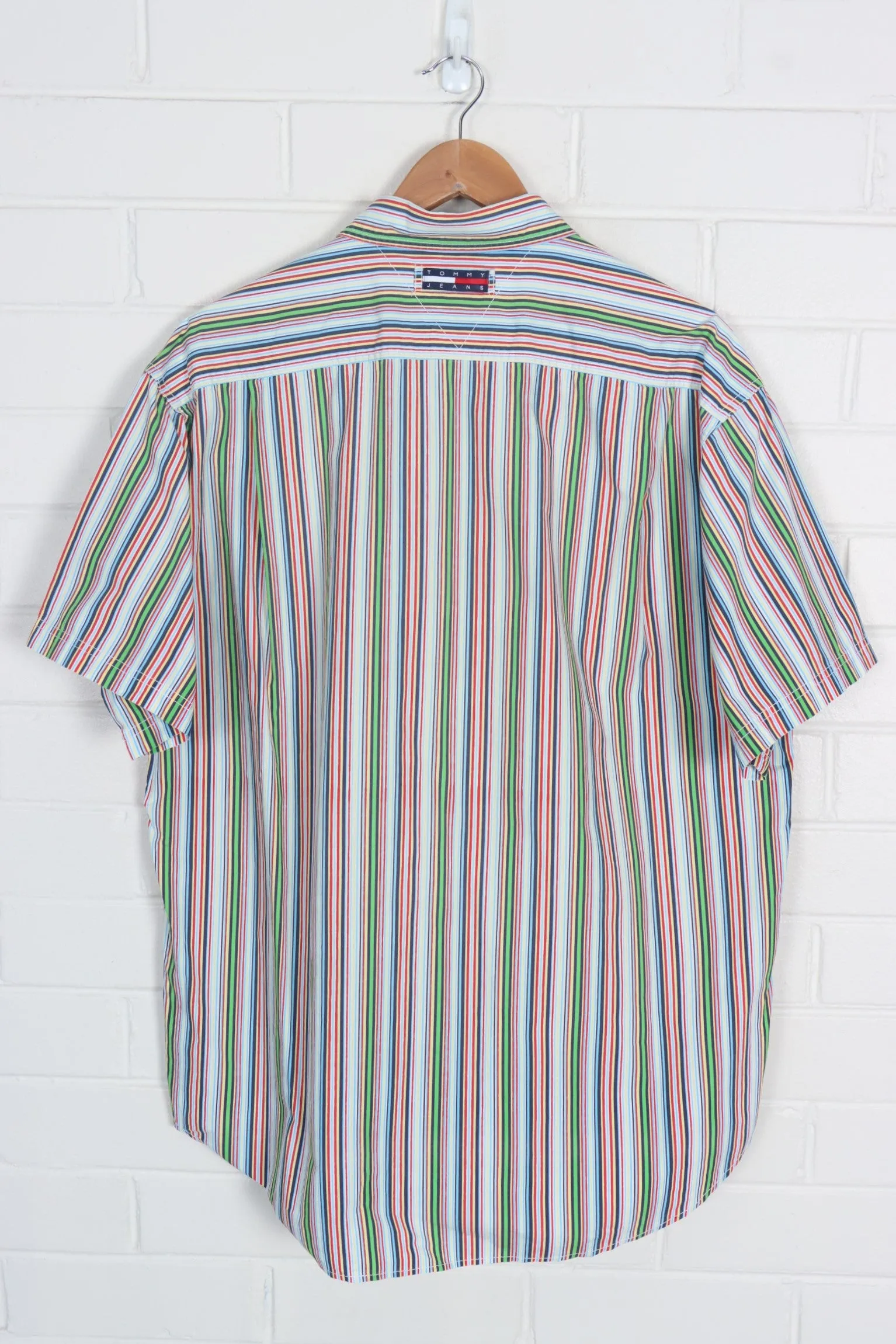 TOMMY HILFIGER Box Logo Rainbow Stripe Short Sleeve Shirt (XL-XXL)