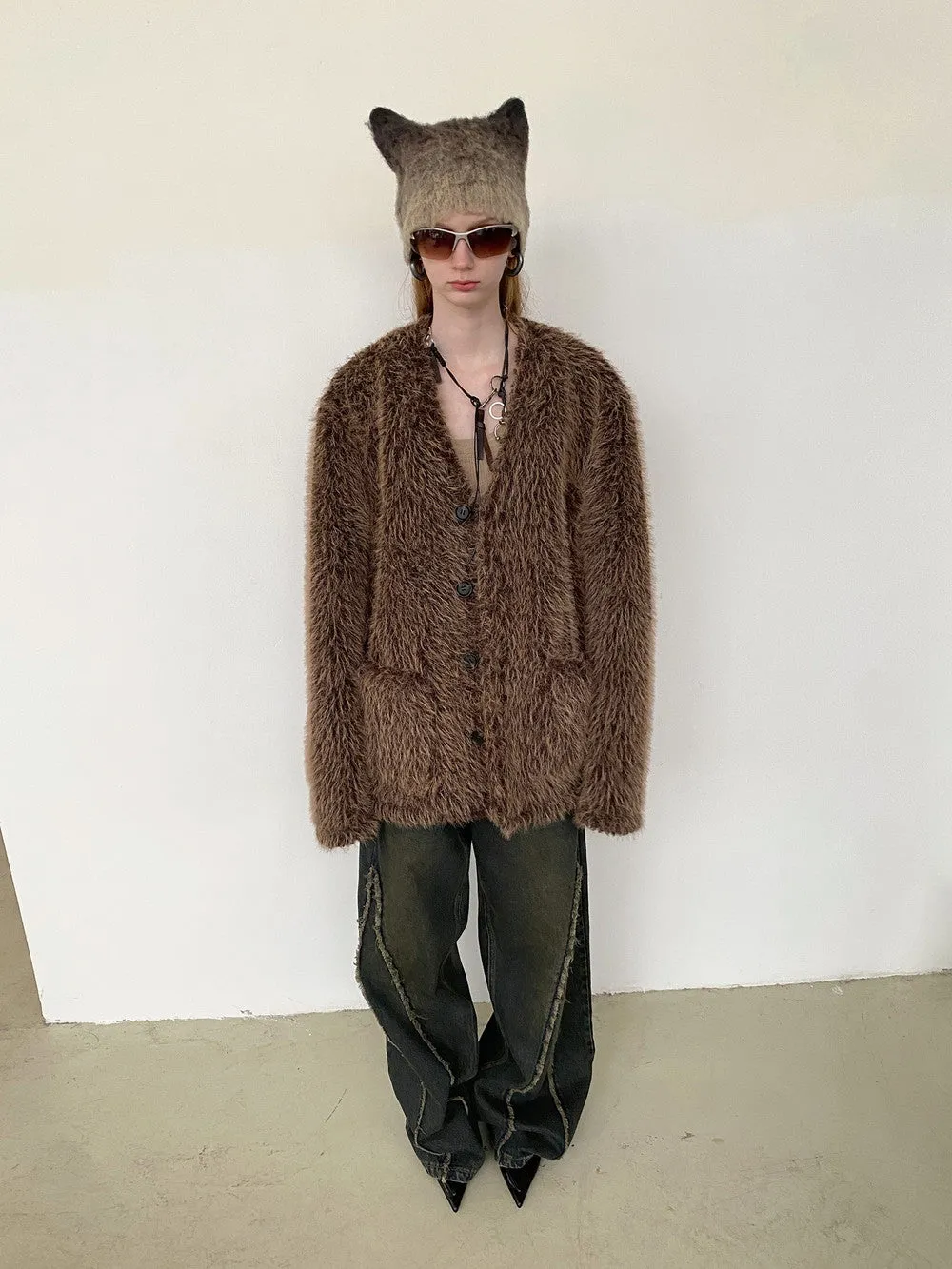 Unisex Fluffily Retro Drop-Shoulder Oversize Fur-Jacket