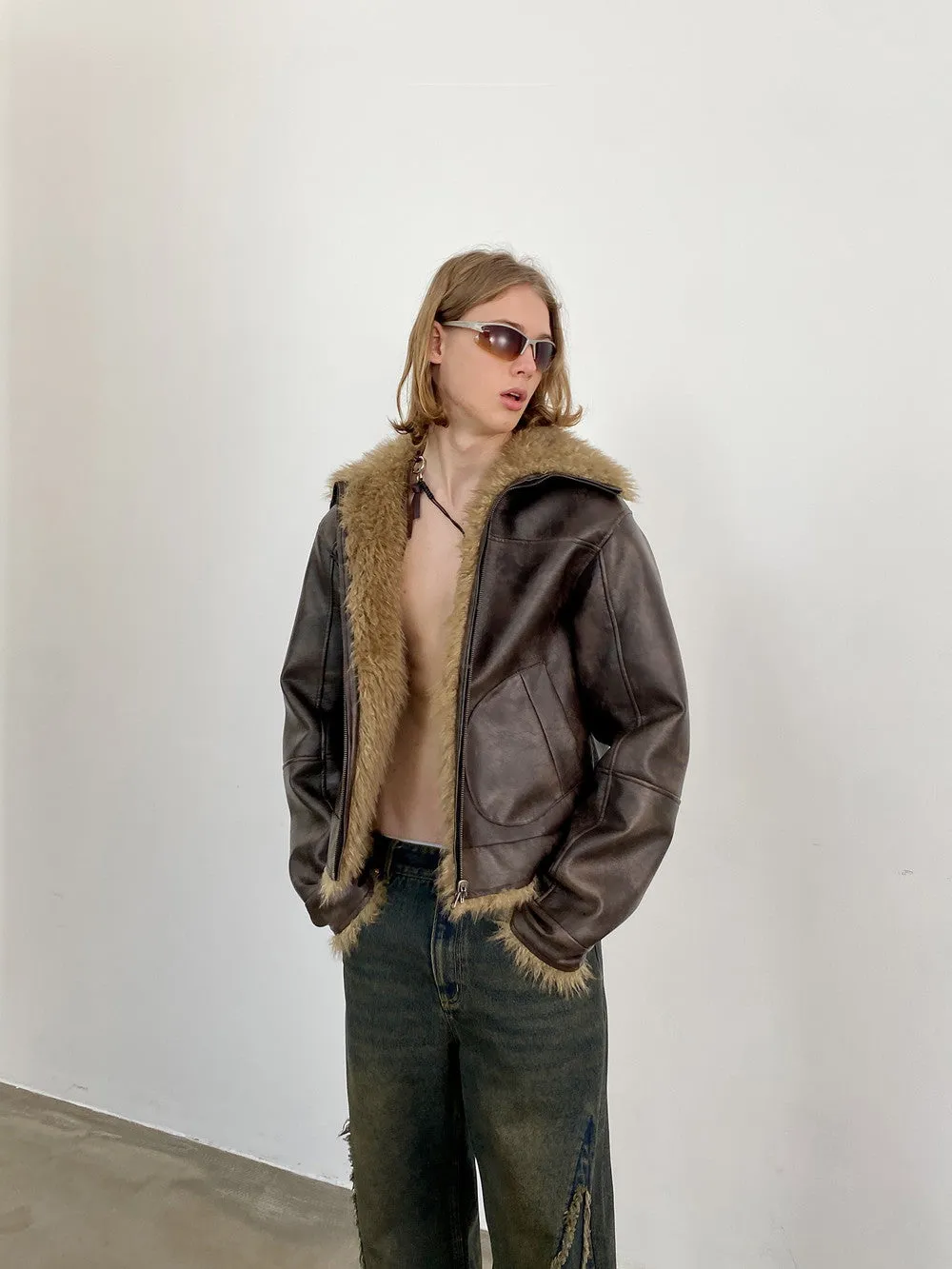 Unisex Reversible Fur Leather Vintage Retro Crocodile Jacket