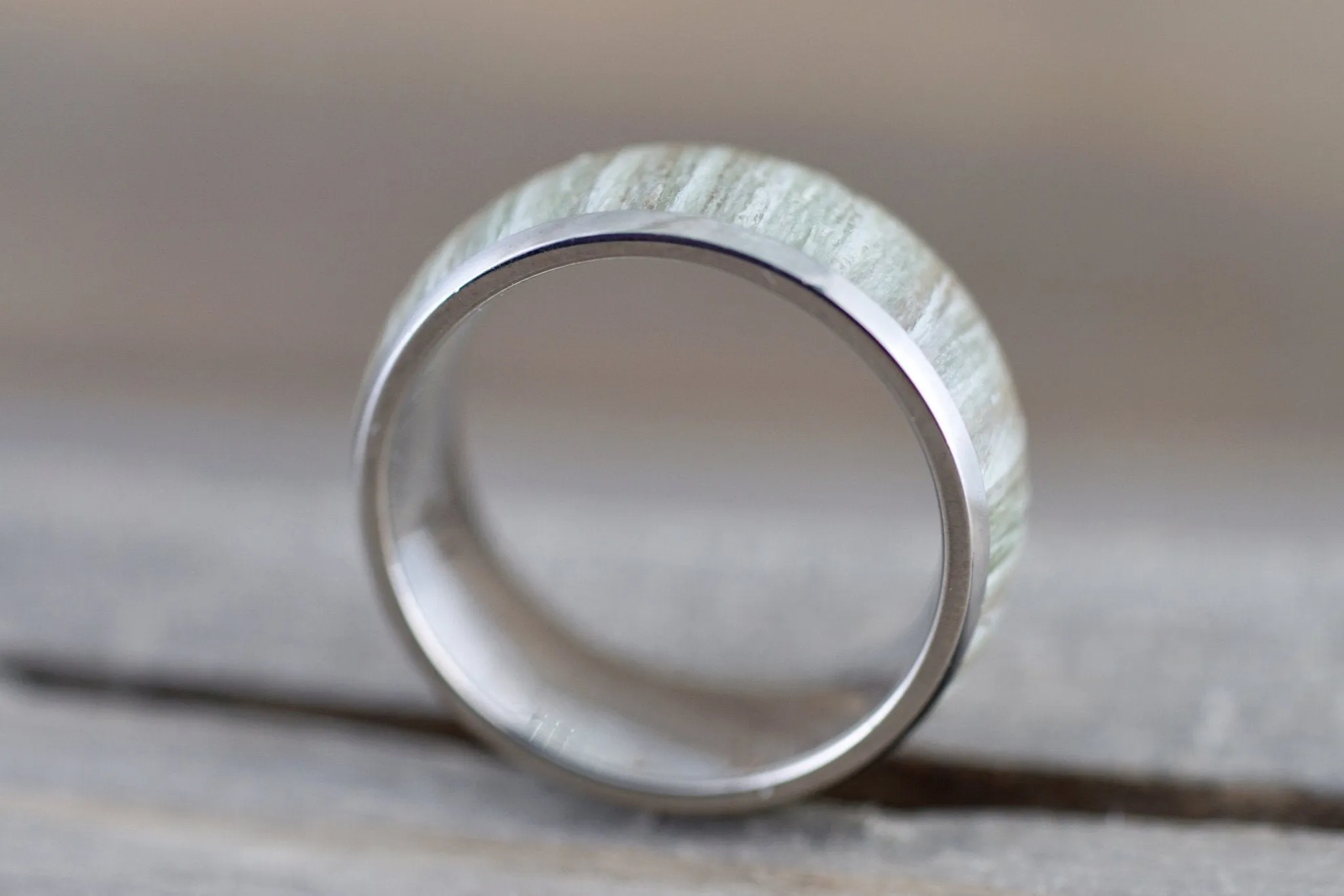 White Ash Wood Underlay in Titanium 8mm Domed High Men's Ring